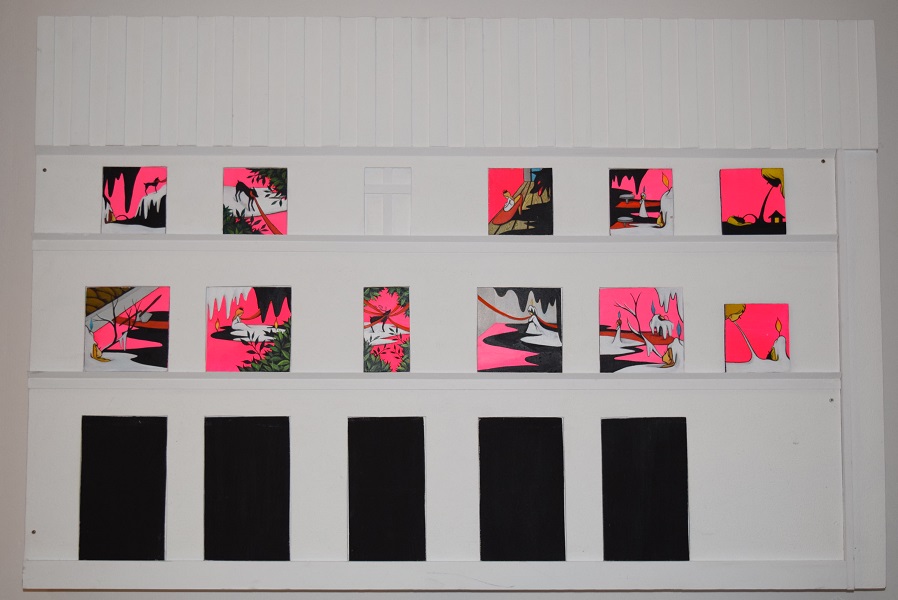 Forarbejde til den midlertidige installation Til HYGGE. Signs of Memory, 9 pink Windows project, KØS, Køge